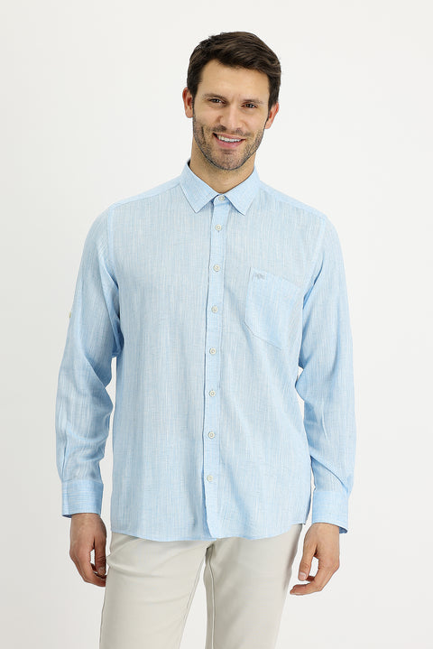 Aqua Blue Long Sleeve Regular Fit Patterned Linen Shirt
