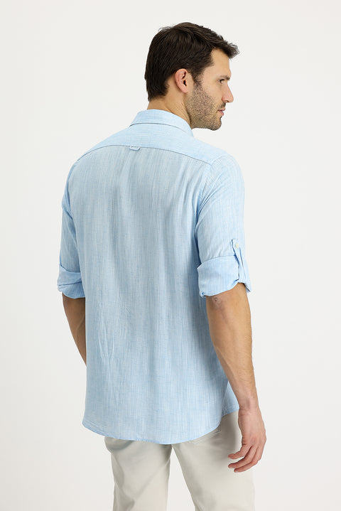 Aqua Blue Long Sleeve Regular Fit Patterned Linen Shirt