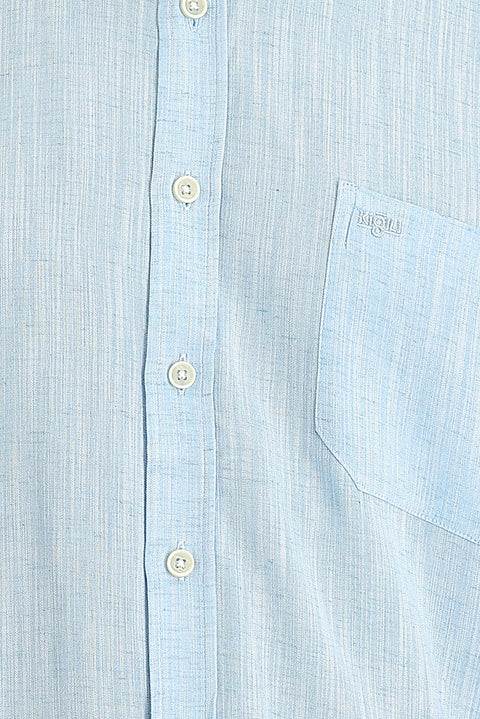 Aqua Blue Long Sleeve Regular Fit Patterned Linen Shirt