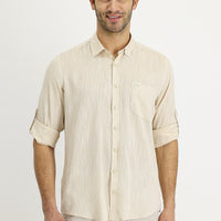 Medium Beige Long Sleeve Regular Fit Patterned Linen Shirt
