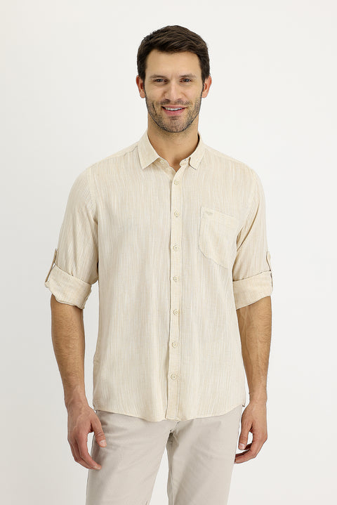 Medium Beige Long Sleeve Regular Fit Patterned Linen Shirt