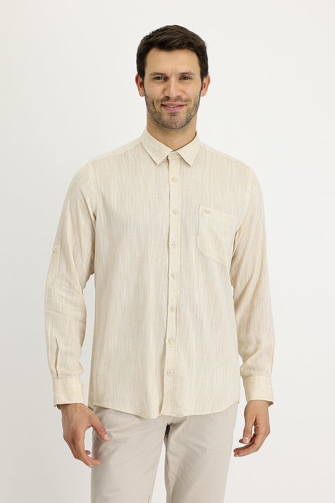 Medium Beige Long Sleeve Regular Fit Patterned Linen Shirt