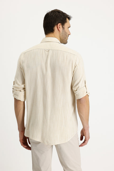 Medium Beige Long Sleeve Regular Fit Patterned Linen Shirt