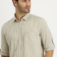 Dark Beige Long Sleeve Regular Fit Patterned Linen Shirt