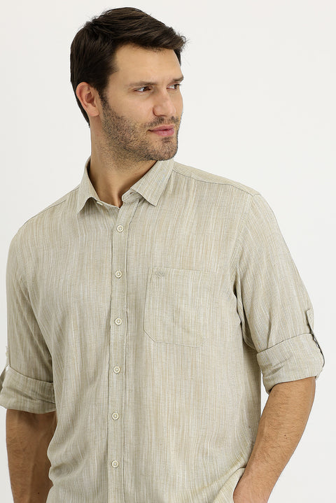 Dark Beige Long Sleeve Regular Fit Patterned Linen Shirt