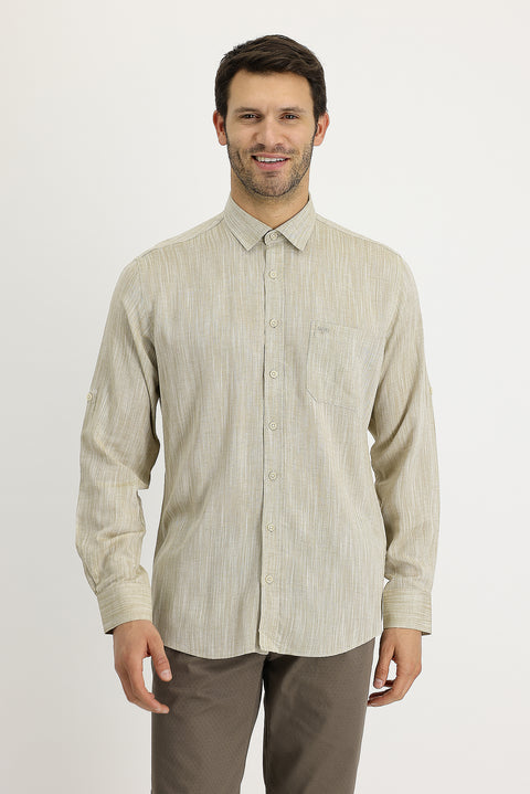 Dark Beige Long Sleeve Regular Fit Patterned Linen Shirt