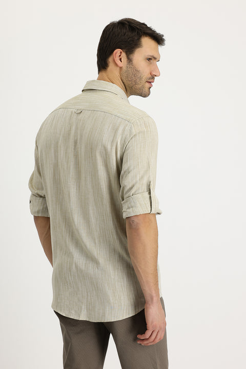 Dark Beige Long Sleeve Regular Fit Patterned Linen Shirt
