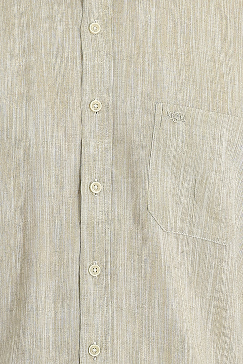 Dark Beige Long Sleeve Regular Fit Patterned Linen Shirt