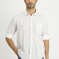 White Long Sleeve Regular Fit Patterned Linen Shirt