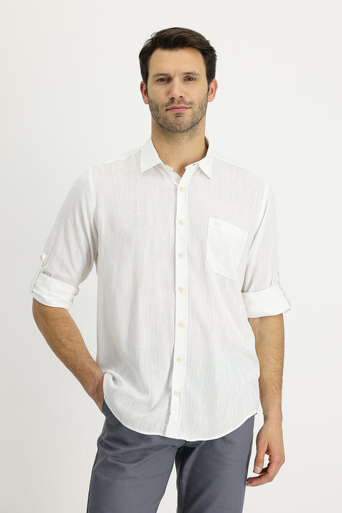 White Long Sleeve Regular Fit Patterned Linen Shirt