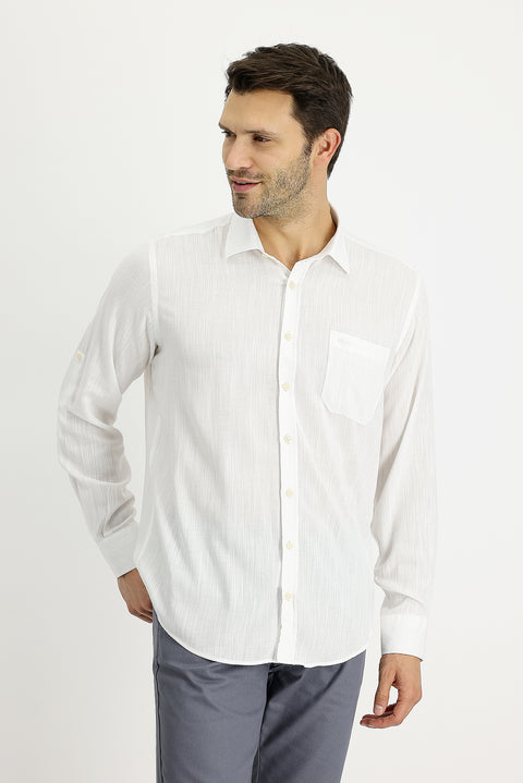 White Long Sleeve Regular Fit Patterned Linen Shirt