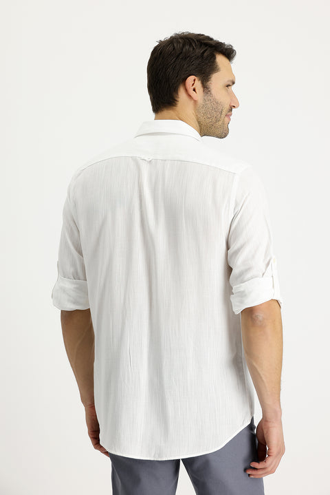 White Long Sleeve Regular Fit Patterned Linen Shirt