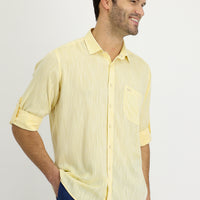 Lemon Yellow Long Sleeve Regular Fit Patterned Linen Shirt