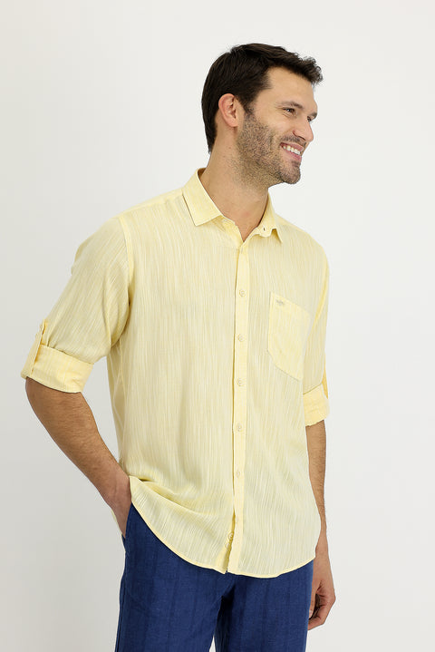Lemon Yellow Long Sleeve Regular Fit Patterned Linen Shirt