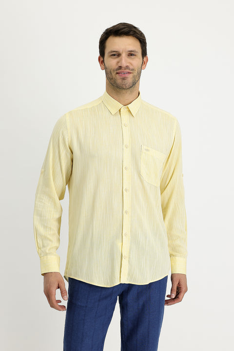 Lemon Yellow Long Sleeve Regular Fit Patterned Linen Shirt