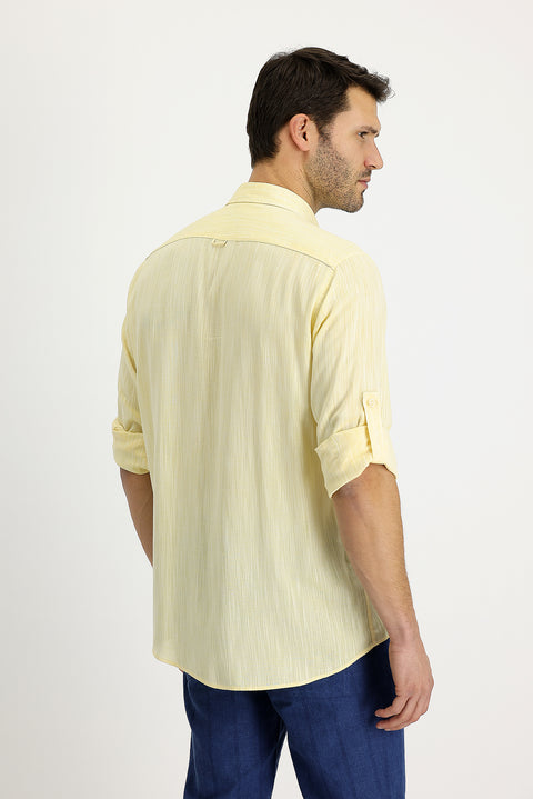 Lemon Yellow Long Sleeve Regular Fit Patterned Linen Shirt
