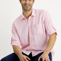 Medium Pink Long Sleeve Regular Fit Patterned Linen Shirt