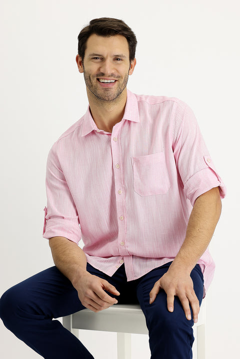 Medium Pink Long Sleeve Regular Fit Patterned Linen Shirt