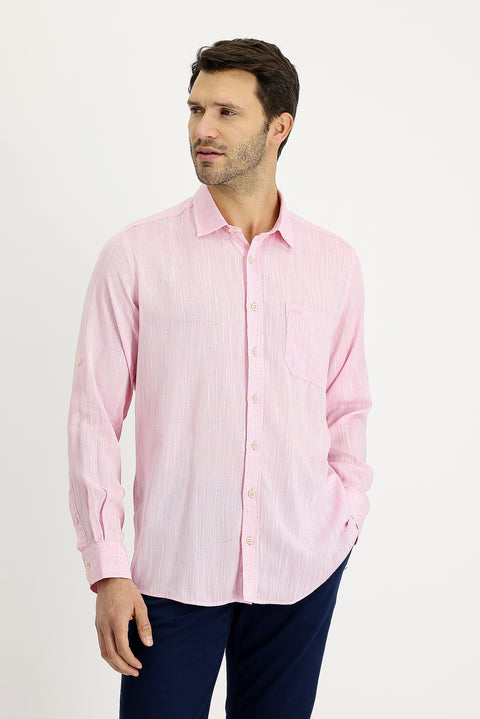 Medium Pink Long Sleeve Regular Fit Patterned Linen Shirt