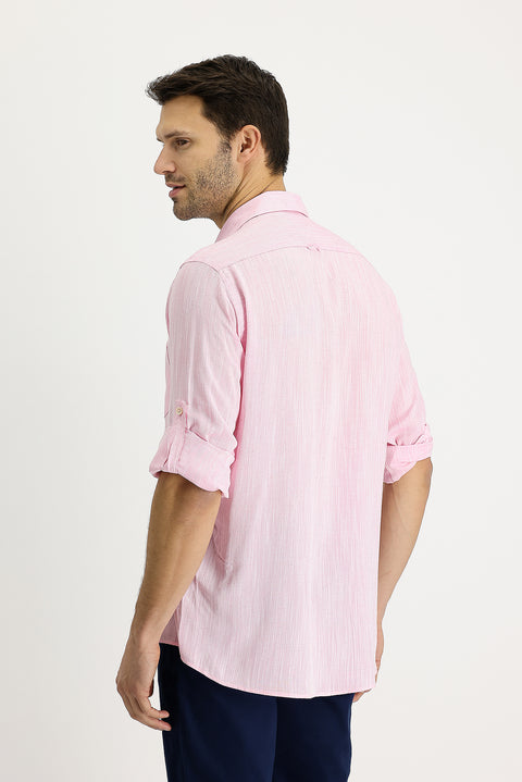 Medium Pink Long Sleeve Regular Fit Patterned Linen Shirt