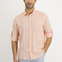 Light Orange Long Sleeve Regular Fit Patterned Linen Shirt