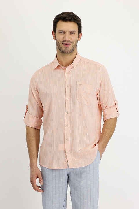 Light Orange Long Sleeve Regular Fit Patterned Linen Shirt