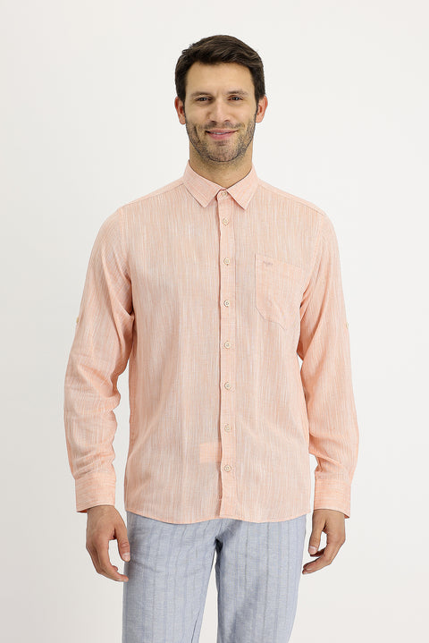 Light Orange Long Sleeve Regular Fit Patterned Linen Shirt