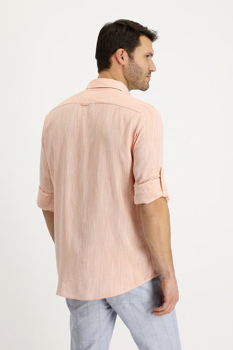Light Orange Long Sleeve Regular Fit Patterned Linen Shirt