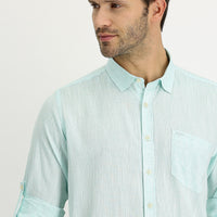 Aqua Green Long Sleeve Regular Fit Patterned Linen Shirt