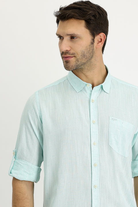 Aqua Green Long Sleeve Regular Fit Patterned Linen Shirt