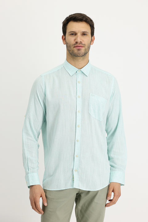 Aqua Green Long Sleeve Regular Fit Patterned Linen Shirt