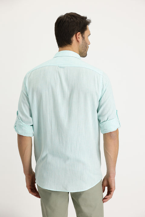 Aqua Green Long Sleeve Regular Fit Patterned Linen Shirt