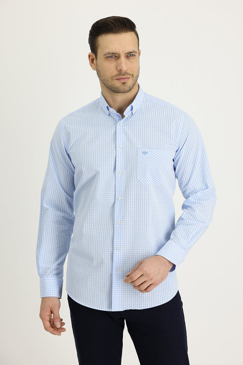 Light Blue Long Sleeve Regular Fit Plaid Cotton Shirt