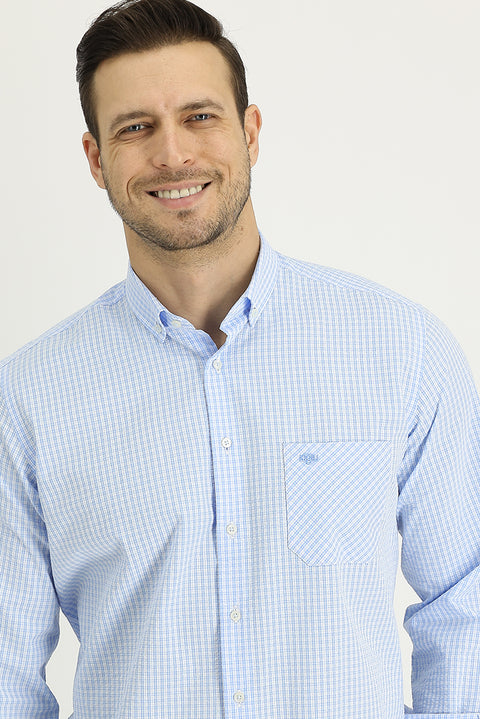 Light Blue Long Sleeve Regular Fit Plaid Cotton Shirt