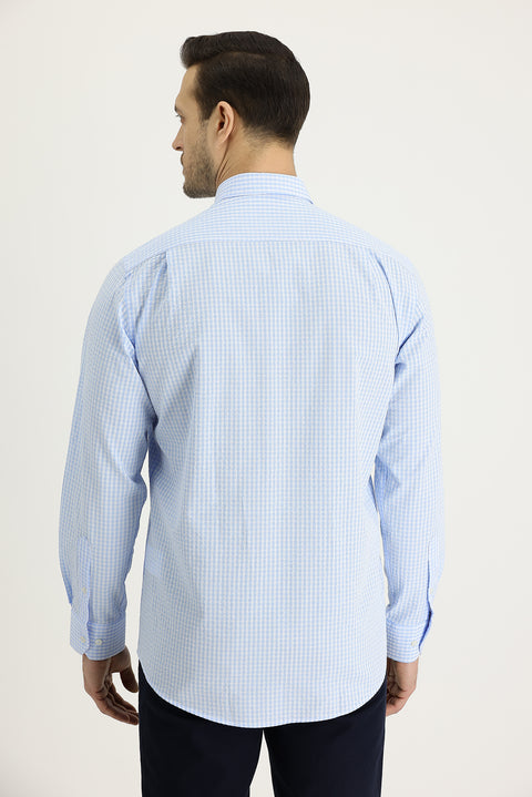 Light Blue Long Sleeve Regular Fit Plaid Cotton Shirt
