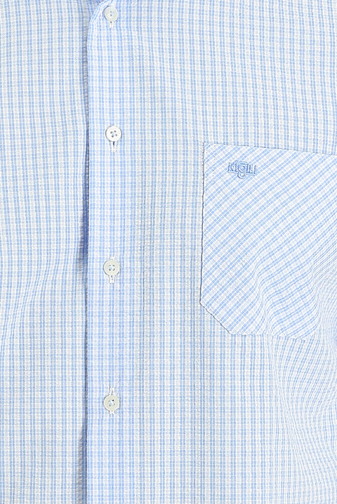 Light Blue Long Sleeve Regular Fit Plaid Cotton Shirt