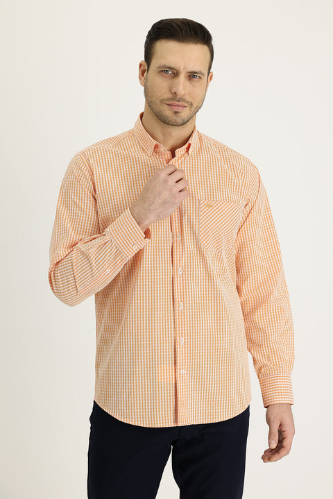 Medium Orange Long Sleeve Regular Fit Plaid Cotton Shirt