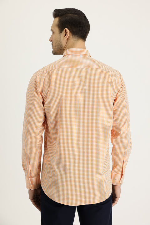 Medium Orange Long Sleeve Regular Fit Plaid Cotton Shirt