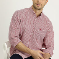 Dark Red Long Sleeve Regular Fit Plaid Cotton Shirt