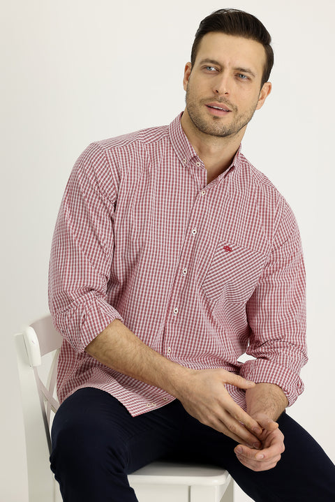 Dark Red Long Sleeve Regular Fit Plaid Cotton Shirt