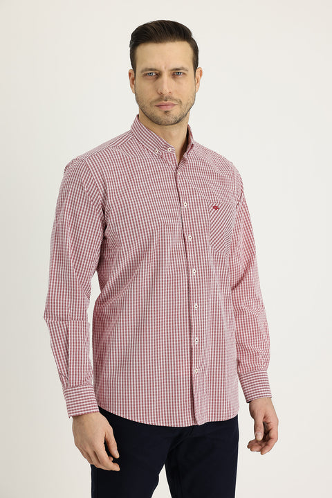 Dark Red Long Sleeve Regular Fit Plaid Cotton Shirt