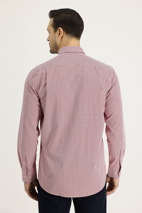 Dark Red Long Sleeve Regular Fit Plaid Cotton Shirt