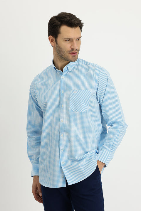 Light Turquoise Long Sleeve Regular Fit Plaid Cotton Shirt