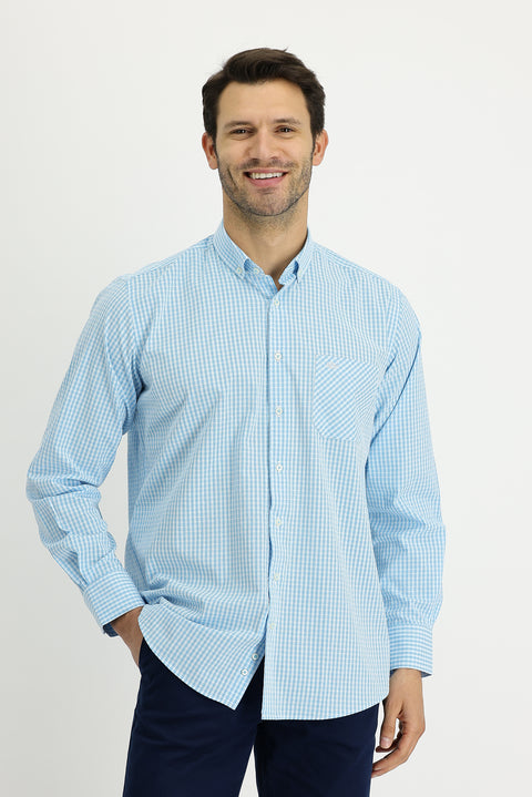 Light Turquoise Long Sleeve Regular Fit Plaid Cotton Shirt