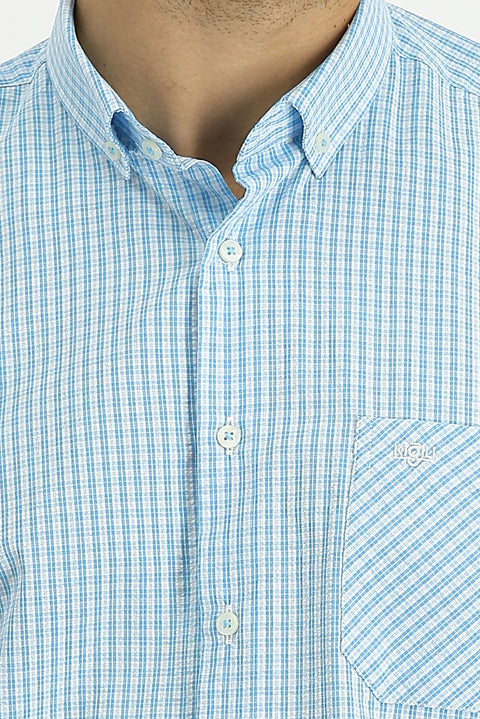 Light Turquoise Long Sleeve Regular Fit Plaid Cotton Shirt