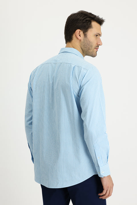 Light Turquoise Long Sleeve Regular Fit Plaid Cotton Shirt