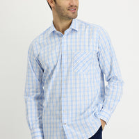 Light Blue Long Sleeve Regular Fit Plaid Cotton Shirt
