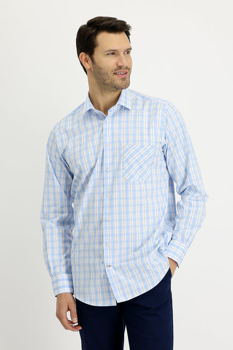 Light Blue Long Sleeve Regular Fit Plaid Cotton Shirt