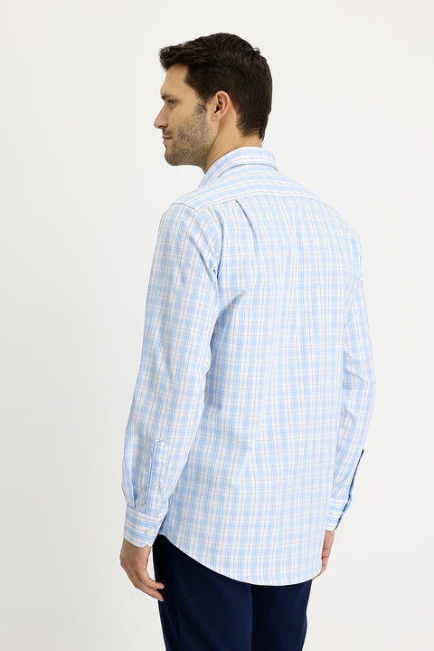 Light Blue Long Sleeve Regular Fit Plaid Cotton Shirt