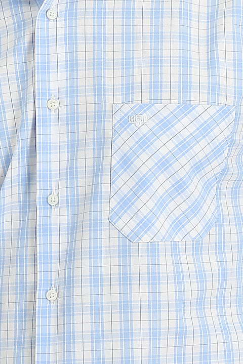 Light Blue Long Sleeve Regular Fit Plaid Cotton Shirt